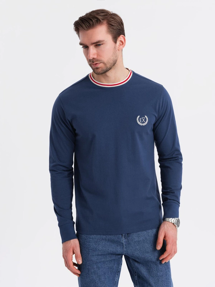 Men's cotton longsleeve with striped U neckline and embroidery - dark blue V3 OM-LSCL-0128