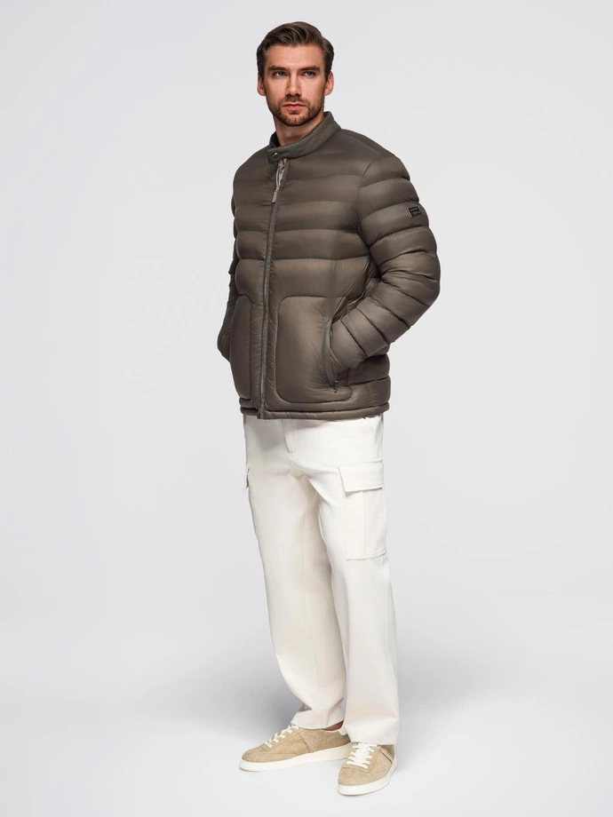 Classic quilted men's jacket with stand-up collar - olive V3 OM-JALP-0261