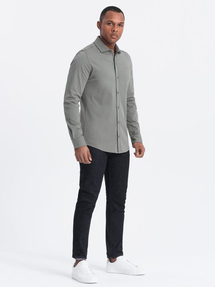 Cămașă bărbătească din bumbac REGULAR din tricot jerseu simplu - kaki deschis V4 OM-SHCS-0138