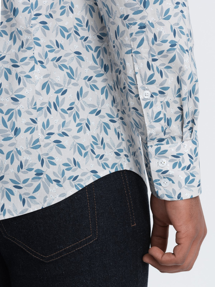 Cămașă bărbătească SLIM FIT cu imprimeu cu crenguțe - albastru-gri V2 OM-SHPS-0163