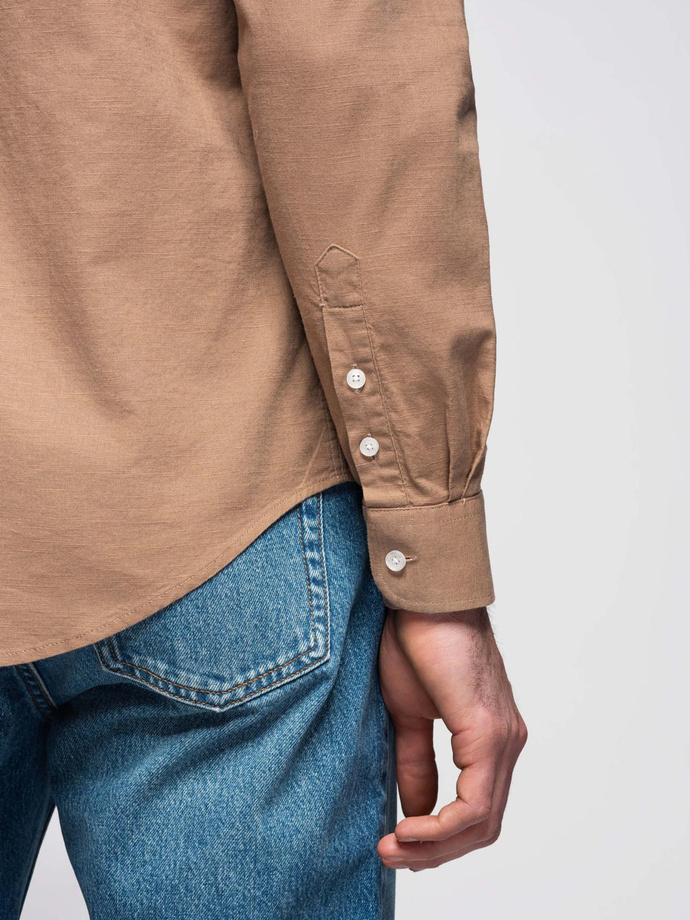 Men's linen shirt with stand-up collar and pocket REGULAR FIT - light brown V7 OM-SHCS-0161