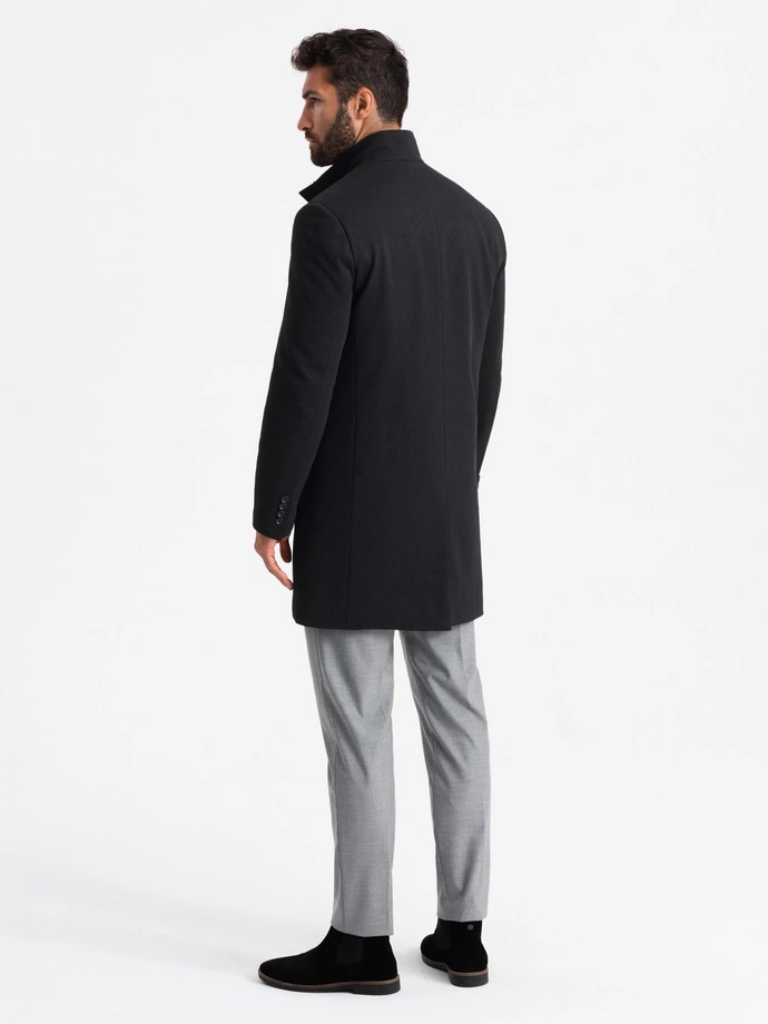 Pánský vypasovaný strukturovaný kabát s vysokým límcem - černý V1 OM-COWC-0117