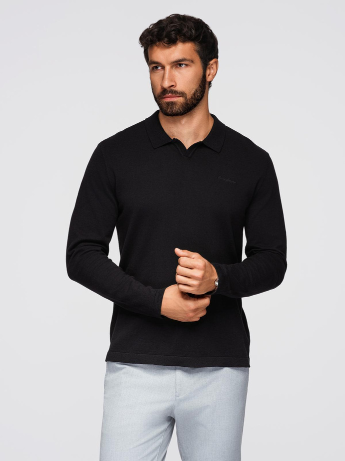 Men's polo sweater with embroidery on chest - black V1 OM-POLS-0140