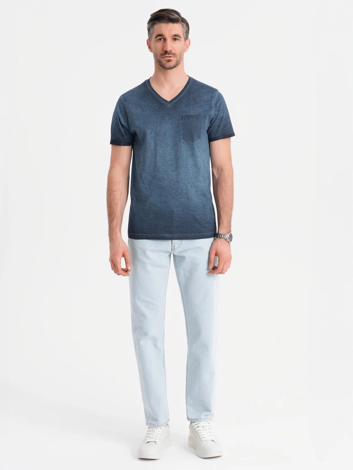 Tricou bărbătesc din bumbac cu logo dublu imprimat - albastru marin V3 OM-TSPT-0211