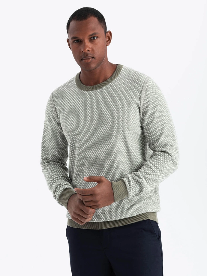 Knitted men's RELAXED FIT sweater with patterns - olive V2 OM-SWSW-0111