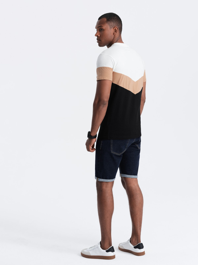 Tricou bărbătesc din bumbac cu logo tricolor - negru și maro V3 S1747