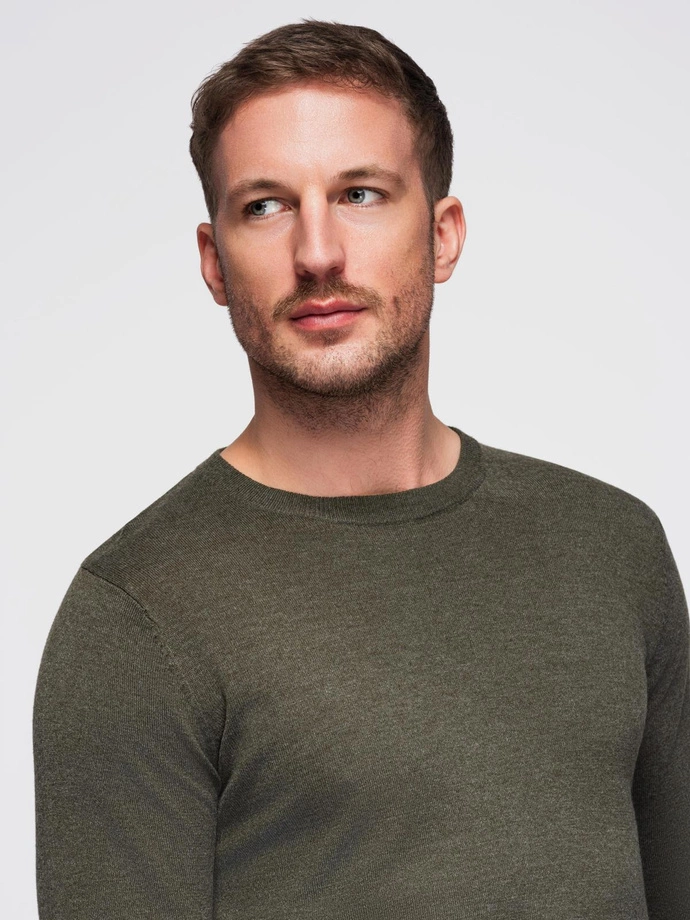 Men's BASIC viscose classic sweater with round neckline - olive melange V17 OM-SWBS-0106