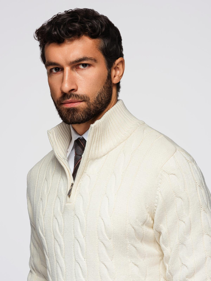 Men's plaid sweater with turtleneck zipper - cream V1 OM-SWZS-0138