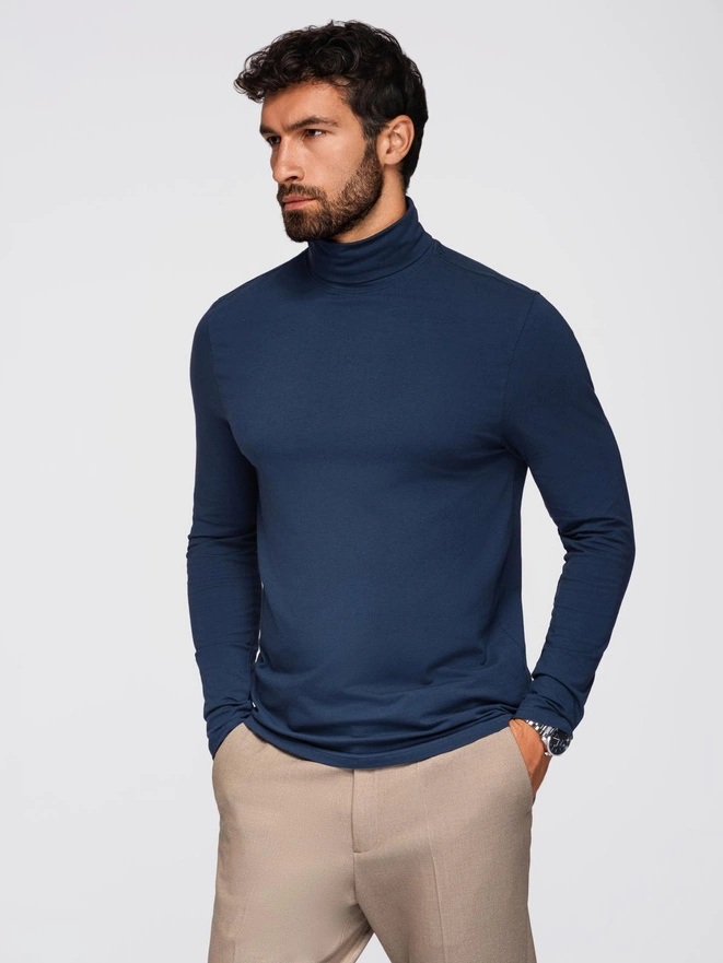 Men's plain turtleneck longsleeve - navy blue V2 OM-LSCL-0130