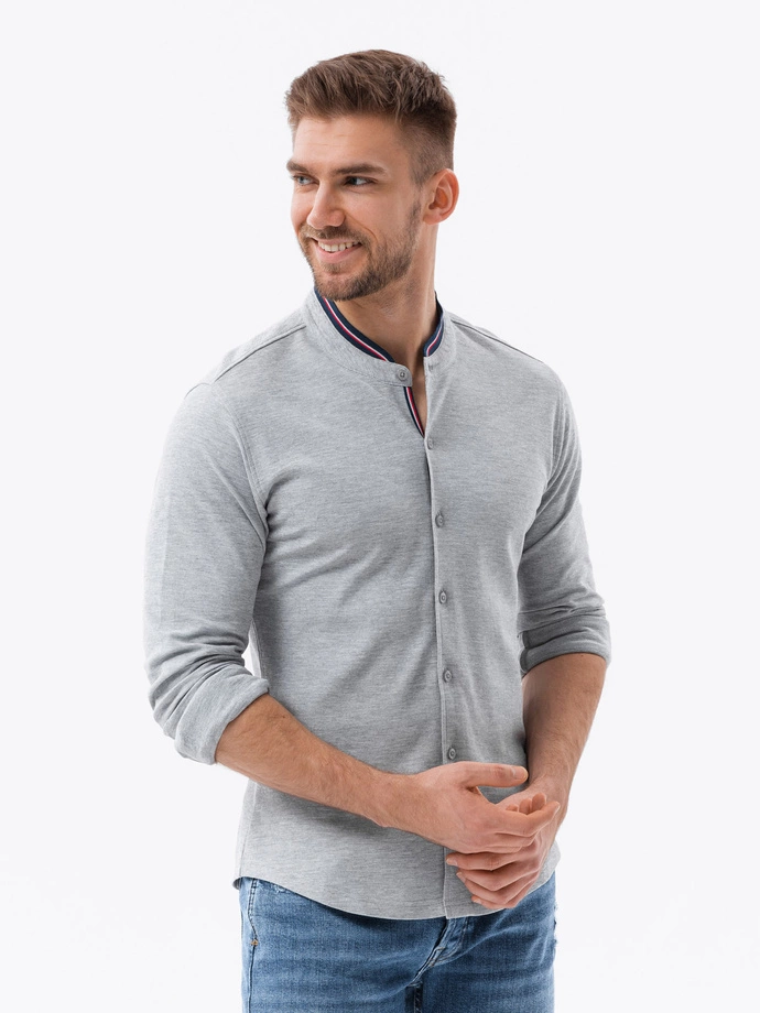 Cămașă bărbătească din bumbac SLIM FIT cu guler și dungi colorate - gri V5 OM-SHCS-0178 