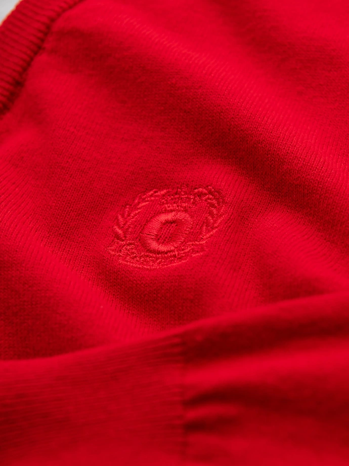 Men's sweater with a "v-neck" neckline with a shirt collar - red V4 OM-SWSW-0102