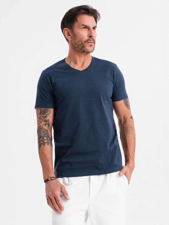 Men's BASIC classic cotton T-shirt with a v-neck - navy blue V2 OM-TSBS-0237