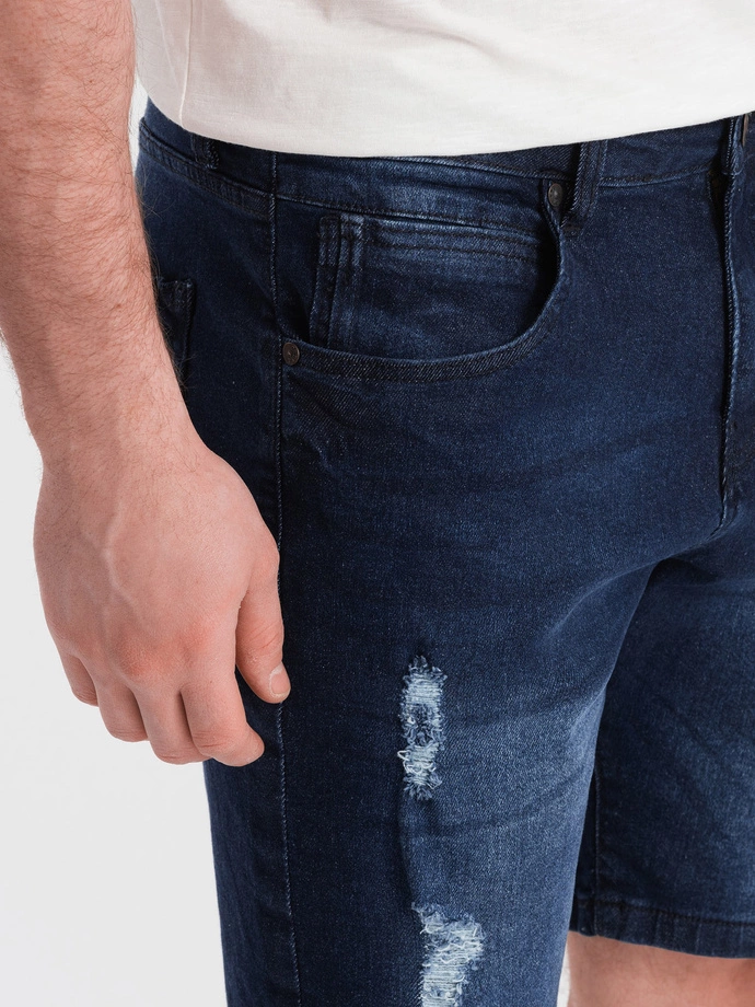 Men's denim short shorts with holes - dark blue V3 OM-SRDS-0146