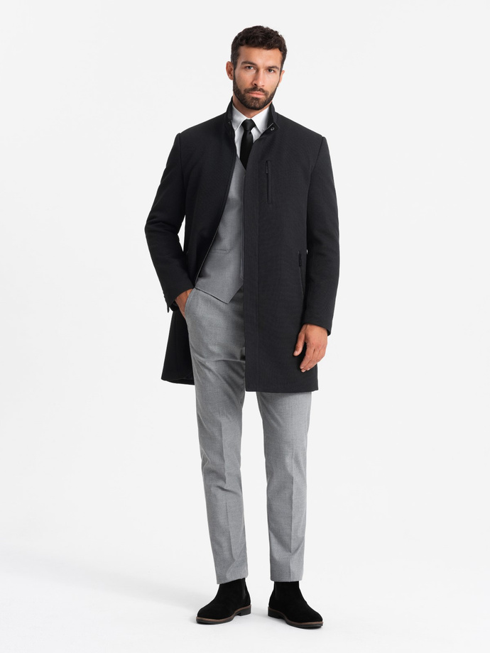 Fitted structured men's high collar coat - black V1 OM-COWC-0117