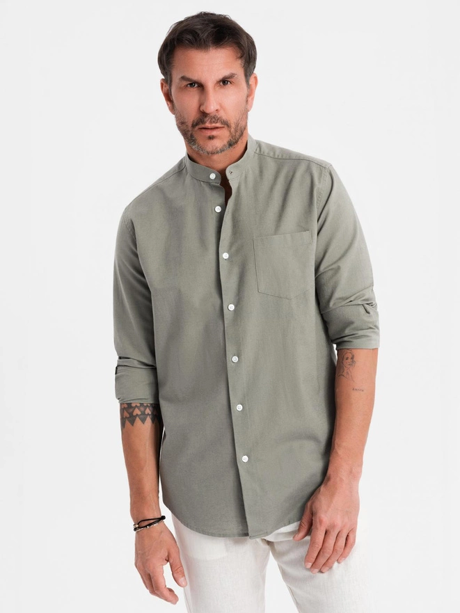Pánska ľanová košeľa so stojačikom a vreckom REGULAR FIT - khaki V6 OM-SHCS-0161