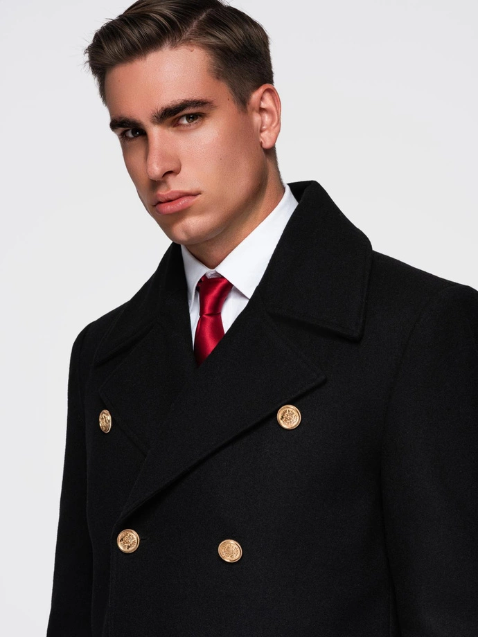 Palton militar elegant din lână cu piept dublu pentru bărbați - negru V1 OM-COWC-0145