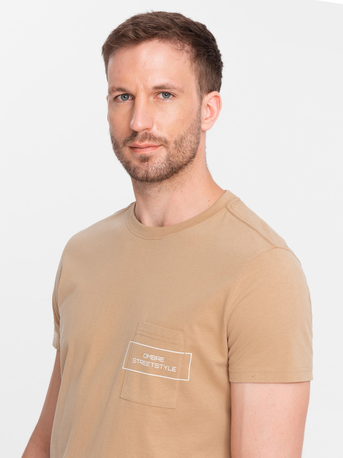 Men's cotton t-shirt with pocket print Ombre Streetstyle - sand V6 OM-TSCT-0108
