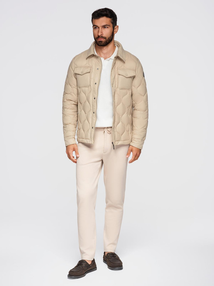 Men's quilted jacket in shirt cut - beige V1 OM-JALP-0215