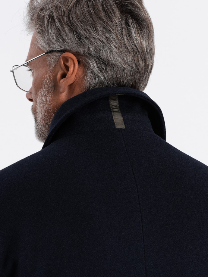 Vyriškas ilgas vienspalvis paltas su apykakle ir apatiniu sluoksniu - tamsiai mėlynas V3 OM-COWC-0106