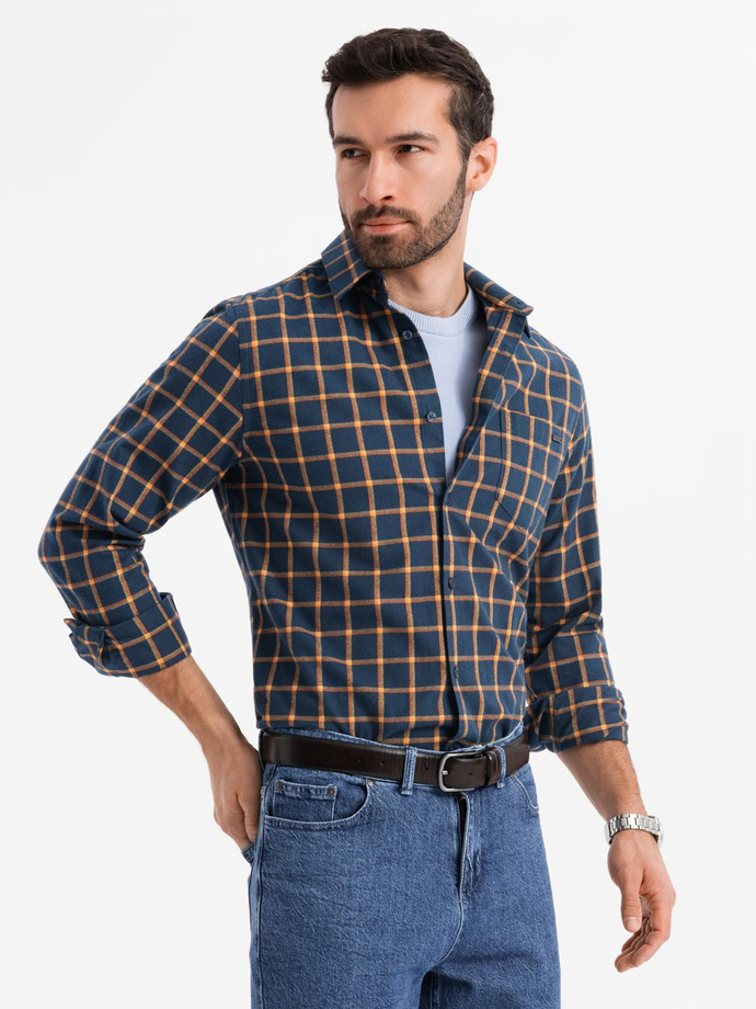 Vyriški SLIM FIT languoti flaneliniai marškiniai - tamsiai mėlyni ir oranžiniai V1 OM-SHCS-0145