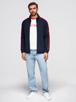 Men's unbuttoned sweatshirt with piping and high collar - navy blue V3 OM-SSZP-0224