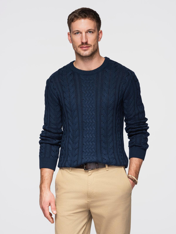 Men's elegant sweater with interesting weave - navy blue V5 OM-SWSW-0173