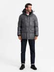 Men's long puffer jacket with snap pockets - graphite V1 OM-JALJ-0186
