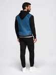 Men's denim jacket with knitted sleeves and hood - blue and black V2 OM-JADJ-0220