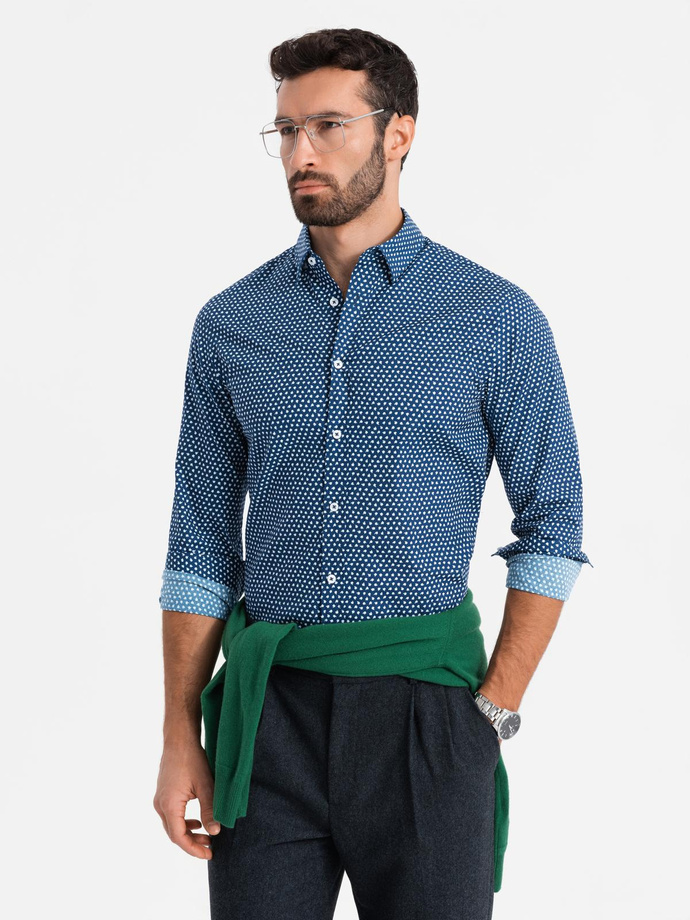 Pánská košile SLIM FIT s jemným vzorem - tmavě modrá V1 OM-SHCS-0140