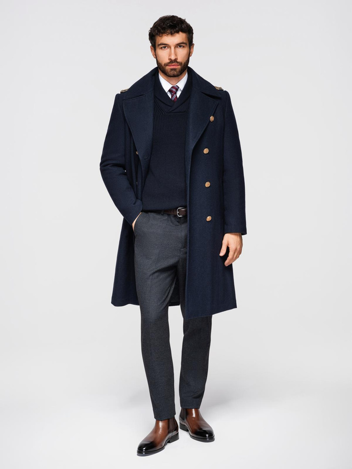 Men's double-breasted coat with wool and decorative shoulder applications - V1 navy blue OM-COWC-0150