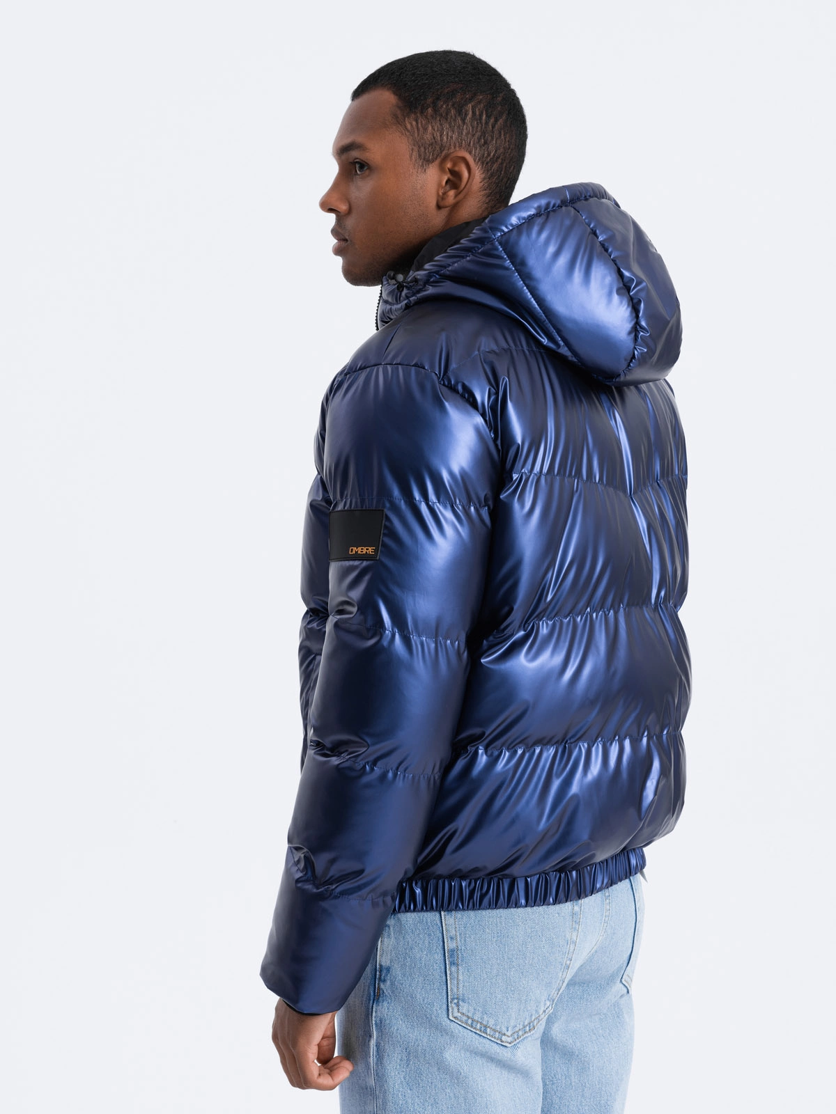 Men s glossy puffer jacket with hood blue V1 OM JAHP 0129 Ombre Men s clothing online