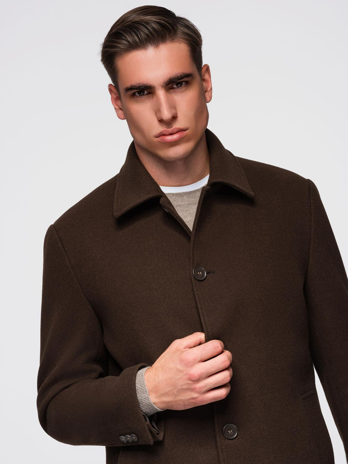 Single-breasted men's long coat with collar and bolster - brown V4 OM-COWC-0135 