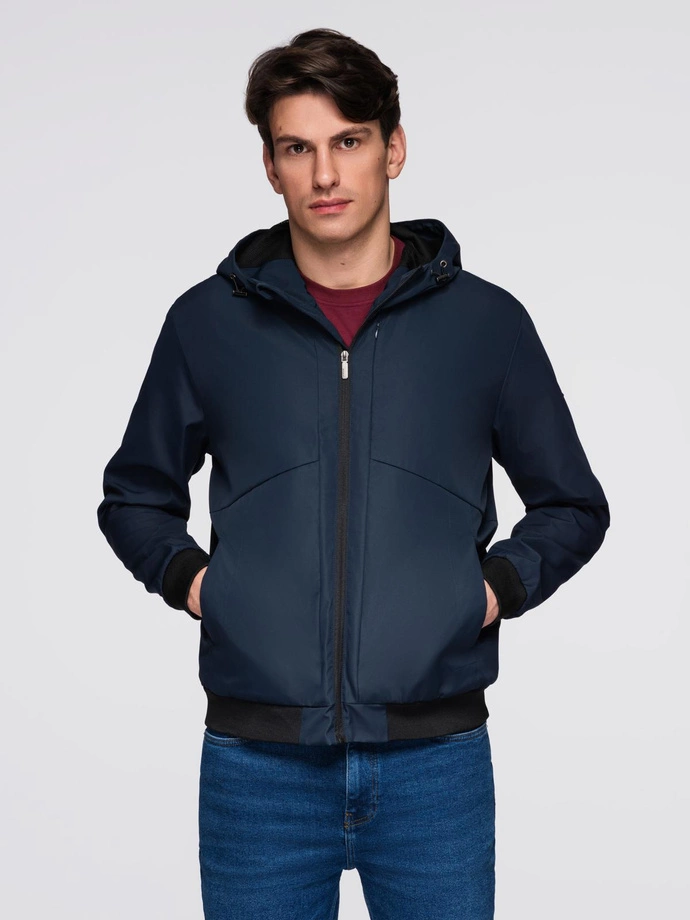 Men's lightweight jacket with hood and mesh lining - navy blue V1 C640