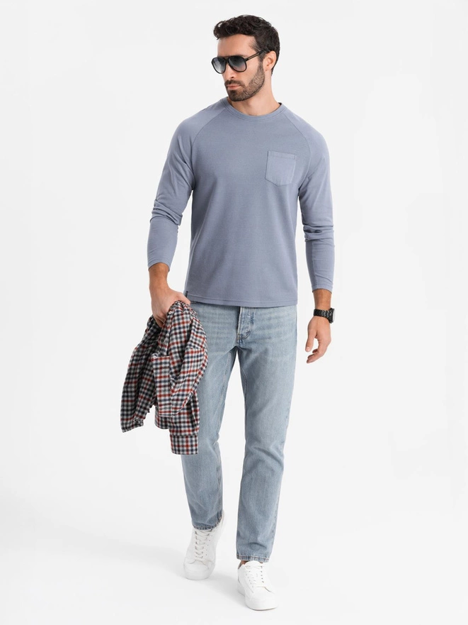 Bărbați cu mânecă lungă din bumbac cu țesătură gofrată cu buzunar - denim albastru V8 OM-LSCL-0109
