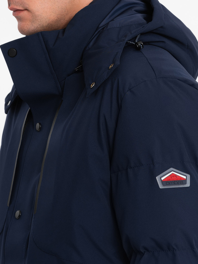 Men's winter jacket with detachable hood and cargo pockets - navy blue V1 OM-JAHP-0152