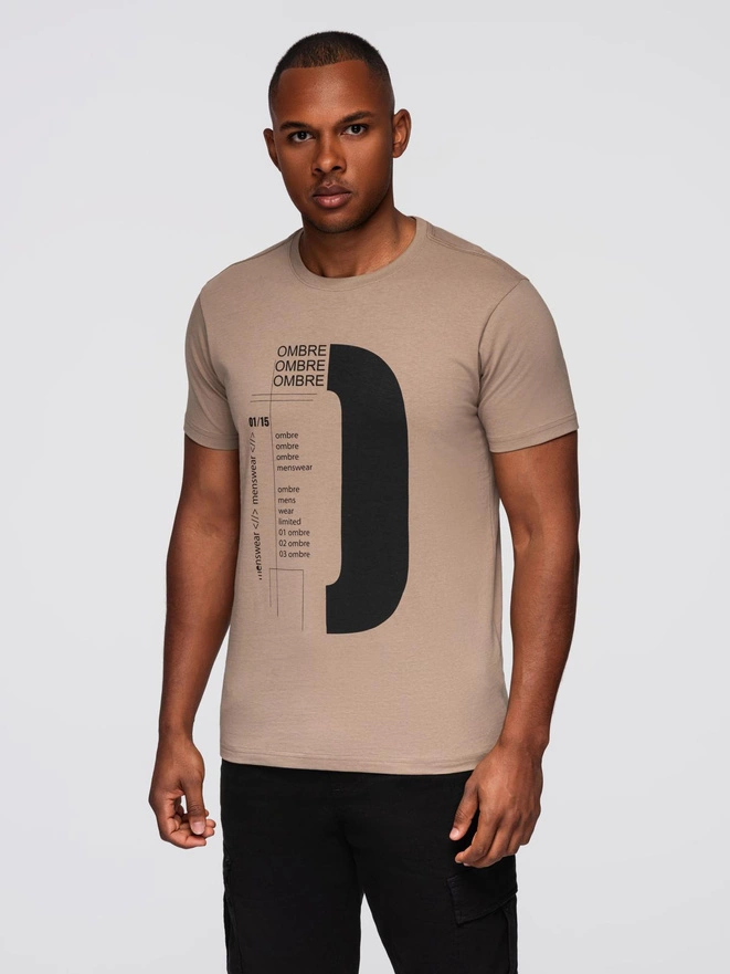 Men's printed cotton t-shirt - light brown V2 OM-TSPT-0166