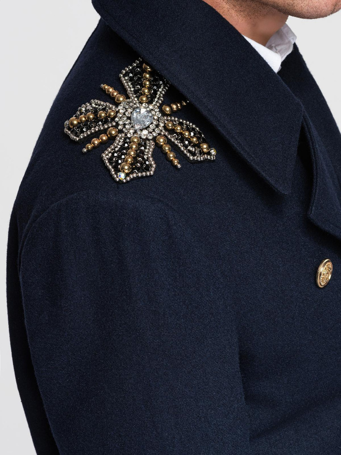 Men's double-breasted coat with wool and decorative shoulder applications - V1 navy blue OM-COWC-0150