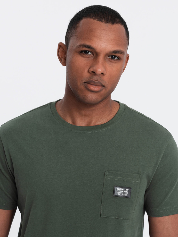 Casual men's t-shirt with patch on pocket - dark olive V4 OM-TSCT-0109