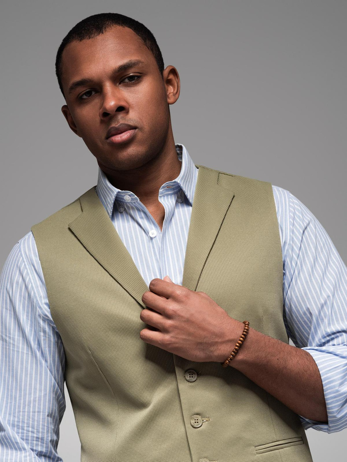 Pánská strukturovaná pletená vesta na míru s klopami - olivová V1 OM-BLZV-0144