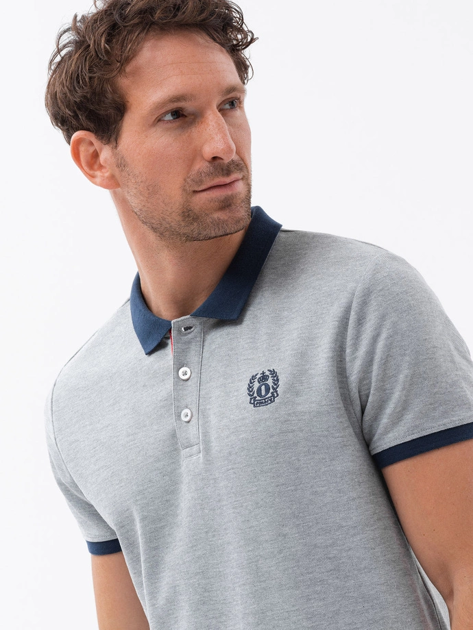 Men's polo shirt with colorful accents - gray melange V1 OM-POSS-0105