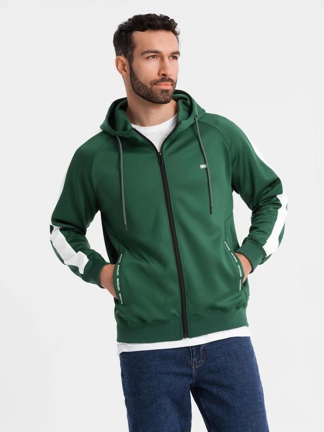 Unzipped men's hooded sweatshirt with piping - dark green V7 OM-SSZP-0210