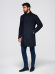 Men's coat with asymmetrical fastening and high collar - navy blue V3 OM-COWC-0141
