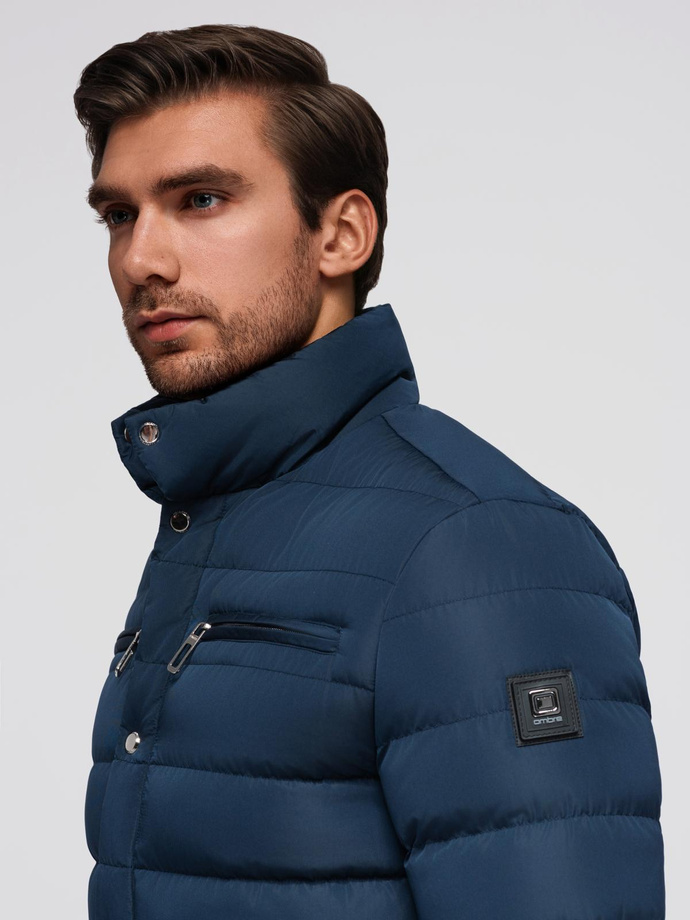 Men's quilted jacket with stand-up collar and chest zips - navy blue V2 OM-JALP-0260