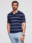 Men's horizontal striped polo shirt with viscose - navy blue and white V1 OM-POSS-0145