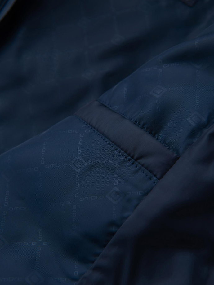 Prešívaná bunda bomber s kapucňou a pletenými rukávmi - tmavomodrá V2 OM-JALP-0298