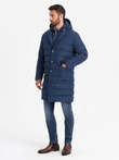 Men's long quilted jacket with lapels and lining - dark blue V1 OM-JALJ-0177
