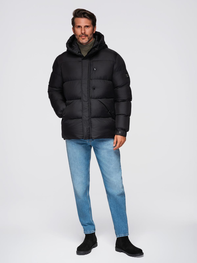 Men's quilted jacket with high zipped hood - black V1 OM-JAHP-0238