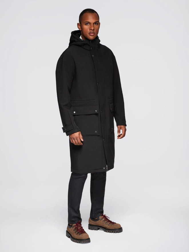 Men's faux leather jacket with ribbed bottom hem - black V2 OM-JAFL-0109
