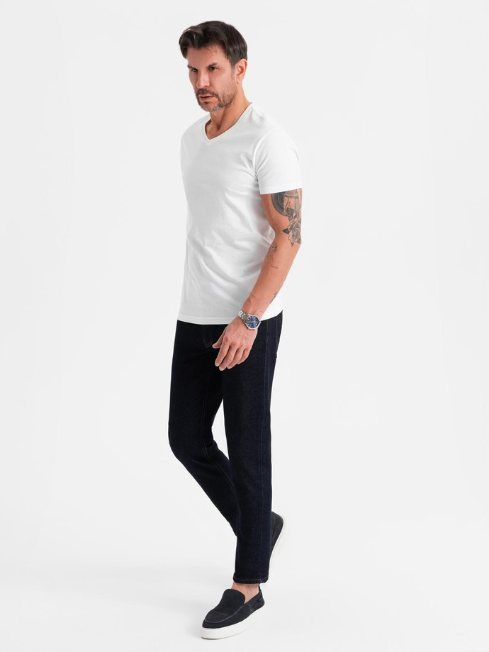 Bumbac clasic pentru bărbați BASIC tricou cu guler în V - maro V10 OM-TSBS-0145