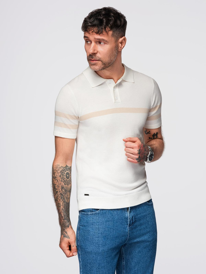 Vyriški minkšto trikotažo polo marškinėliai su kontrastingomis juostelėmis - kreminiai V3 OM-POSS-0118